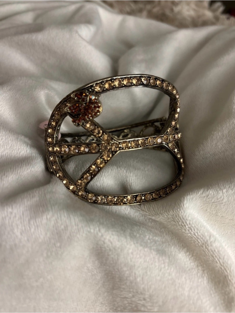 Rhinestone Peace Sign Statement Bracelet - Gold Tone